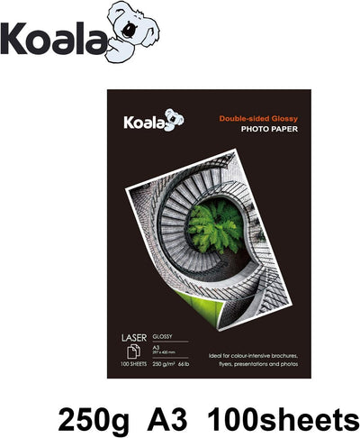 KOALA Fotopapier für Laserdrucker, Doppelseitig, Glänzend, A3, 250 g/m², 100 Blatt. Geeignet zum Dru