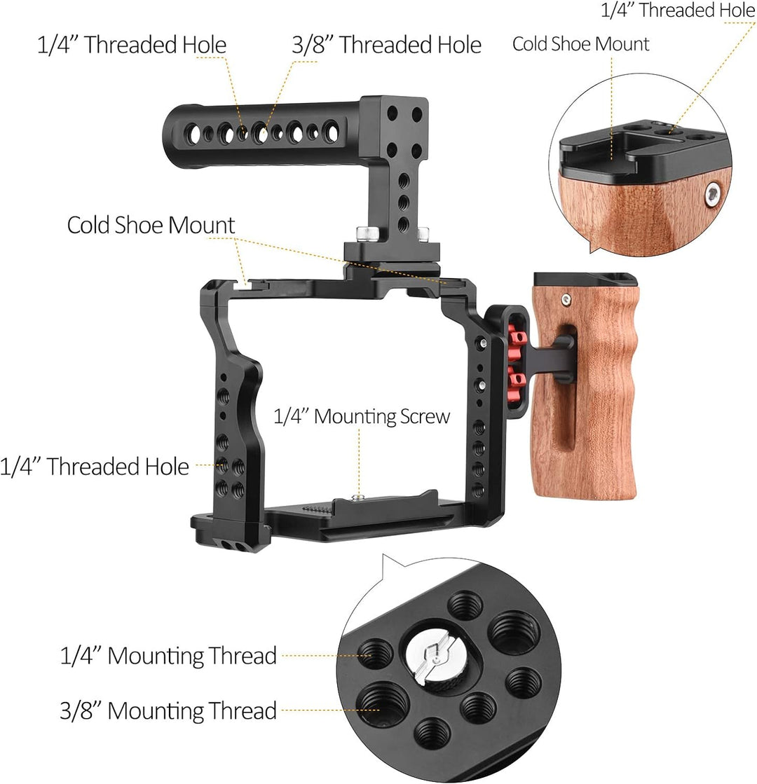 Andoer Andoer Camera Video Cage + Handle + Side Wooden Grip Kit Aluminiumlegierung mit Dual Cold Sho