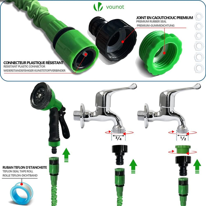 VOUNOT Flexibler Gartenschlauch 15 m, Flexibel Wasserschlauch Dehnbarer mit 10 Sprühfunktionen, Schn