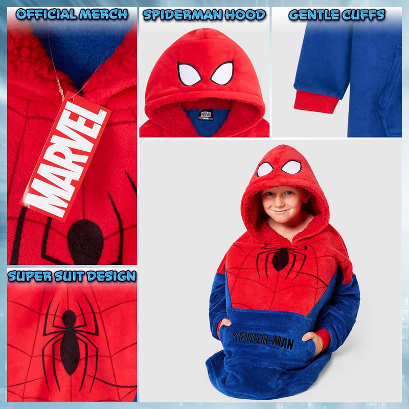 Marvel Spiderman Hoodie Decke Kinder Jungen Übergrösse Kuscheldecke mit Ärmeln, Warm Fleece Kapuzenp