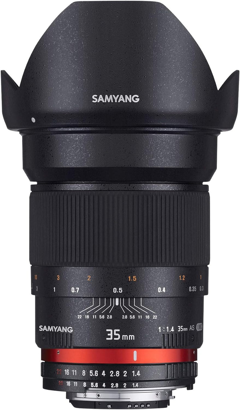 Samyang 35/1,4 Objektiv DSLR Nikon F AE manueller Fokus automatischer Blendenring Fotoobjektiv, Weit