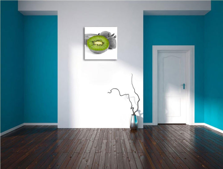 Pixxprint fruchtige Erdbeeren mit Kiwi als Leinwandbild Quadratisch| Grösse: 70x70 | Wandbild| Kunst