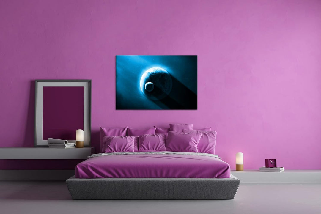 deyoli Dark Planet Erde mit Mond Format 80x60 Effekt: Monocrome Blau als Leinwandbild, Motiv fertig