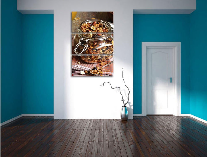 Pixxprint Honig Müsli im Glas 3-Teiler Leinwandbild 120x80 Bild auf Leinwand