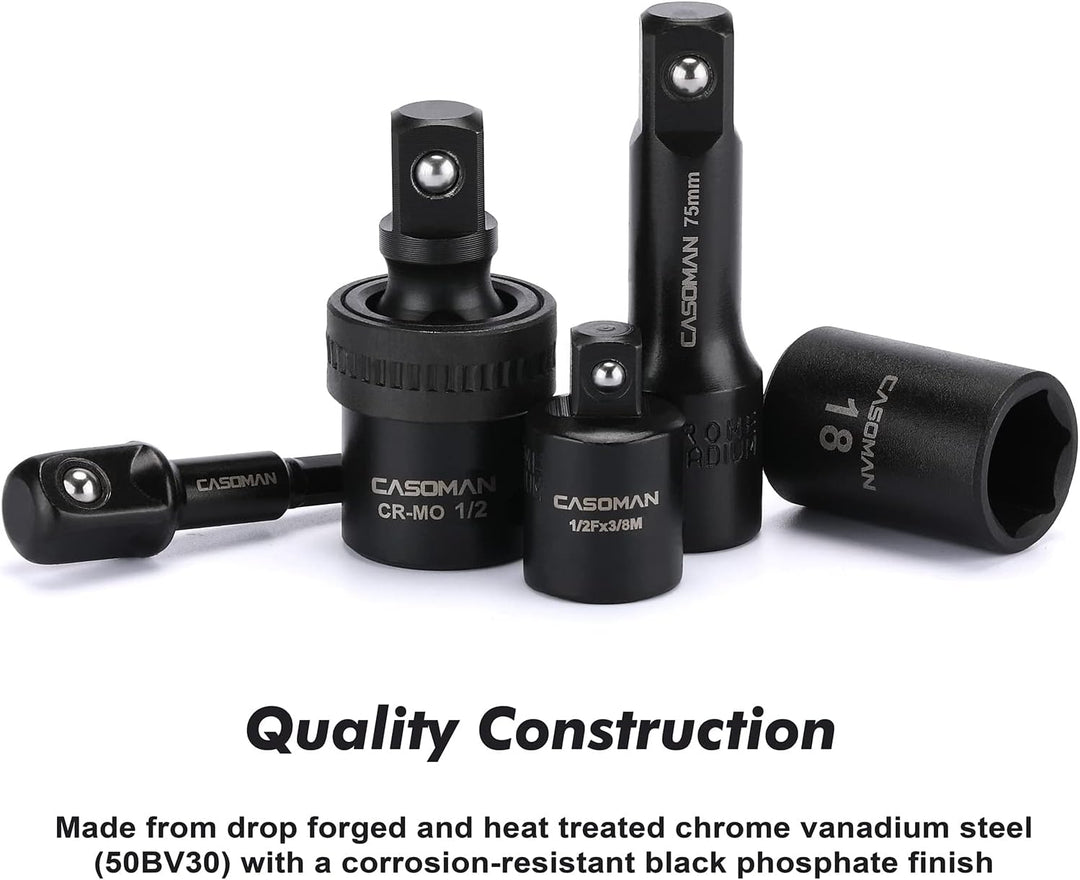 CASOMAN 49PCS 1/2-Inch Drive Impact Socket Set, Deep&Shallow,CR-V, 6 Point, Metric Socket Set, 8mm-3