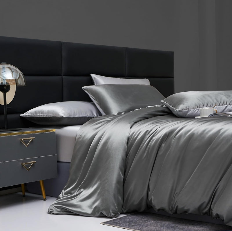Luofanfei Bettwäsche Satin 200x220 Grau Hellgrau Glanzsatin Seiden Glatt Wende Bettwäsche Doppelbett