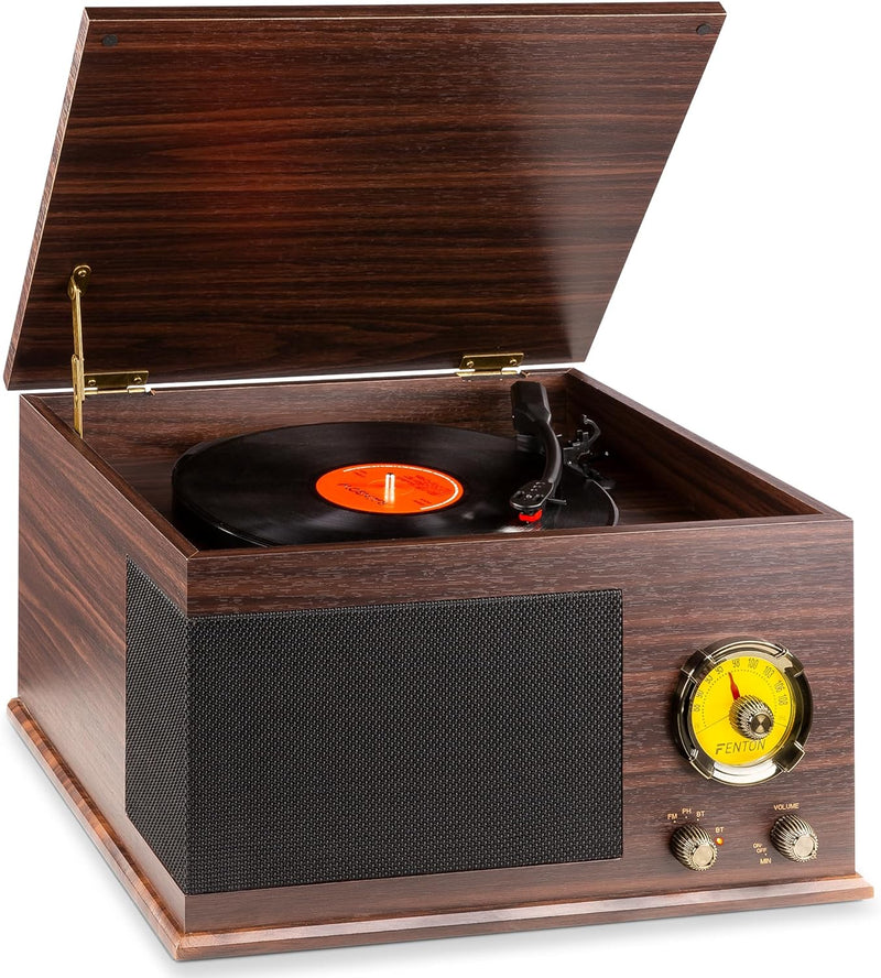 Fenton RP173 Retro Plattenspieler Bluetooth, Schallplattenspieler, Record Player mit FM Radio, einge