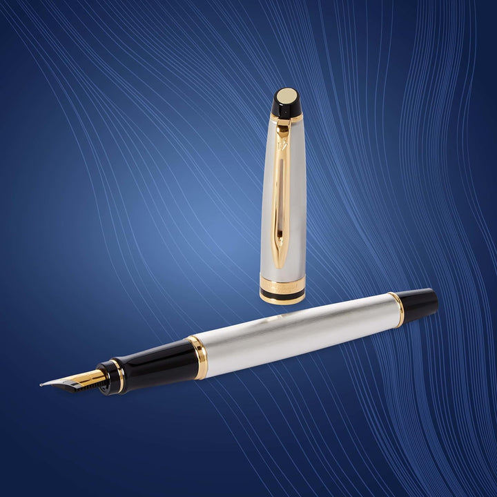 Waterman Expert Füller , Edelstahl mit Zierteile aus 23 K Gold , Füllfederhalter mit feiner Feder ,