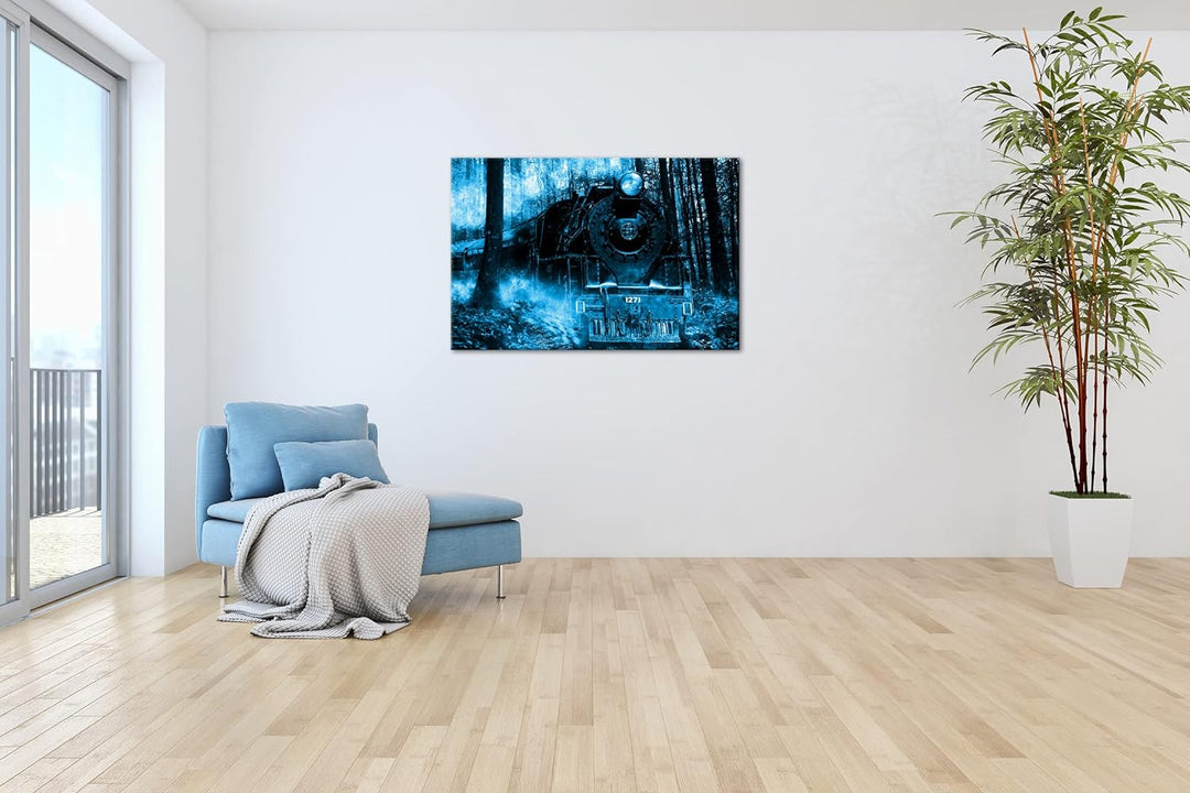 deyoli gewaltige Lokomotive im Wald Format 80x60 Effekt: Monocrome Blau als Leinwandbild, Motiv fert