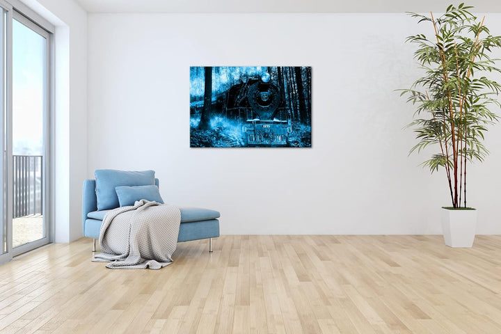 deyoli gewaltige Lokomotive im Wald Format 80x60 Effekt: Monocrome Blau als Leinwandbild, Motiv fert