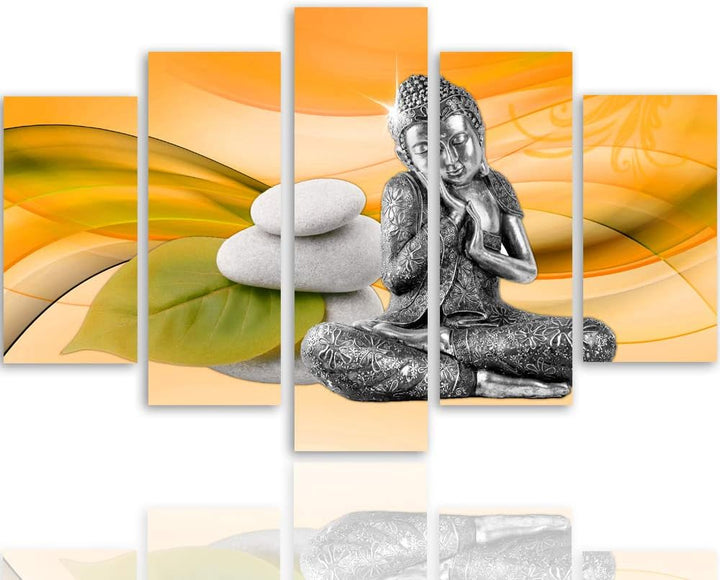 Feeby Wandbild XXL 5 Teilig Buddha Leinwandbild Zen Steine Blätter orange 300x140 cm Leinwandbild 30