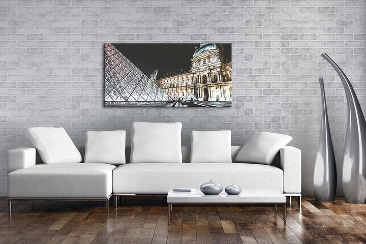 Pariser Louvre bei Nacht Panorama 80x40 cm als Leinwandbild, Motiv fertig gerahmt auf Echtholzrahmen