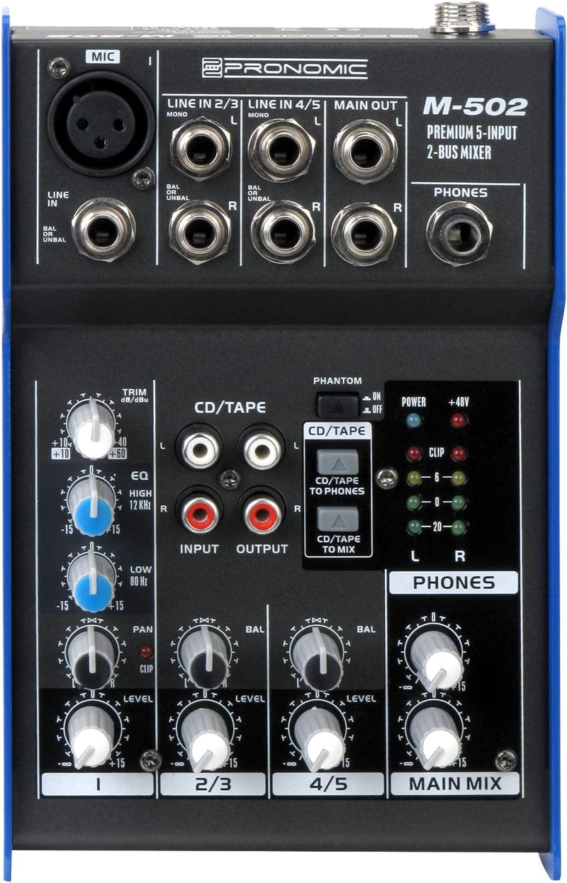 Pronomic M-502 Live/Studio Mischpult (1 Mono-Kanäle XLR/Klinke, 2-Stereo Kanäle, 3-Band-EQ, 48V Phan