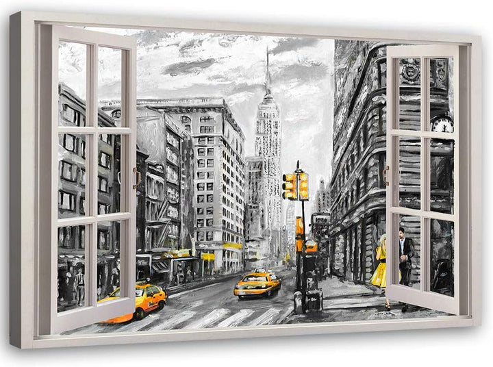 Feeby Wandbild Fenster-Illusion Druckbild Leinwandbild New York Gelb 90x60 cm Leinwandbild 90x60 cm
