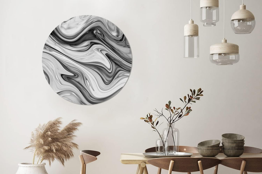 Wandbild Rund Wanddeko Deko Wohnzimmer Bilder 90x90 cm Marmor - Muster - Grau - Marmoroptik - Schwar