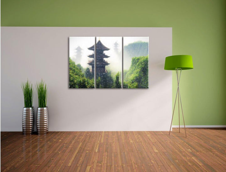 Pixxprint chinesische Häuser Kunst Buntstift Effekt 3-Teiler Leinwandbild 120x80 Bild auf Leinwand