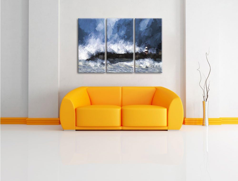 Pixxprint Tobendes Meer mit Leuchtturm als Leinwandbild | Grösse: 3 Teilig (120x80) | Wandbild| Kuns