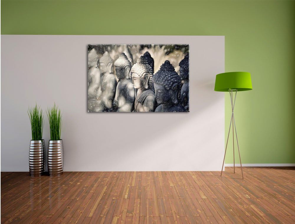Pixxprint Meditierende Buddha-Statuen in Einer Reihe Kunst Buntstift Effekt, Format: 100x70 auf Lein