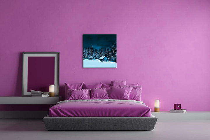 kleine Skihütte auf dem Gipfel Format: 70x70 Effekt: Monocrome Blau als Leinwandbild, Motiv fertig g