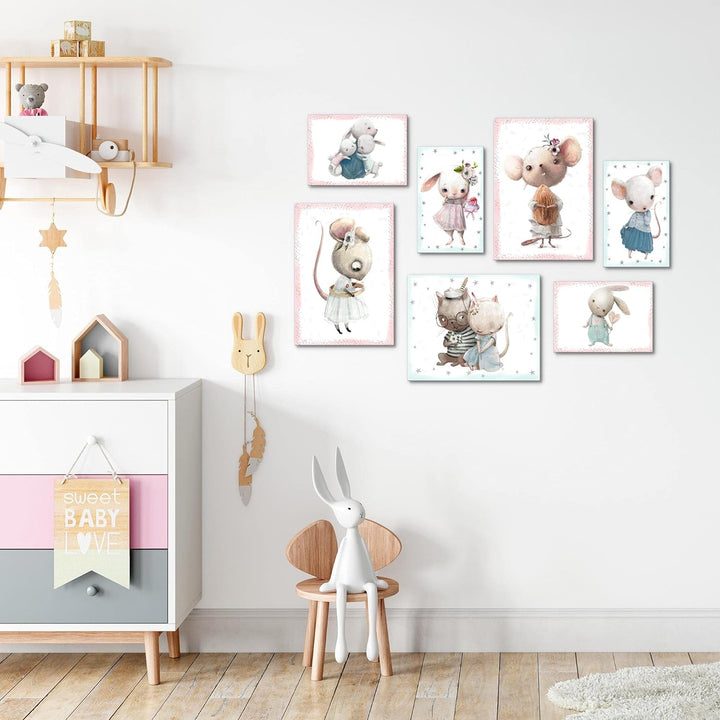 Novart Wandbilder Tiere - KOMPLETT AUFHÄNGFERTIG - Mäuse Rosa Kinderzimmer Mädchen- 7 Moderne Mood-B