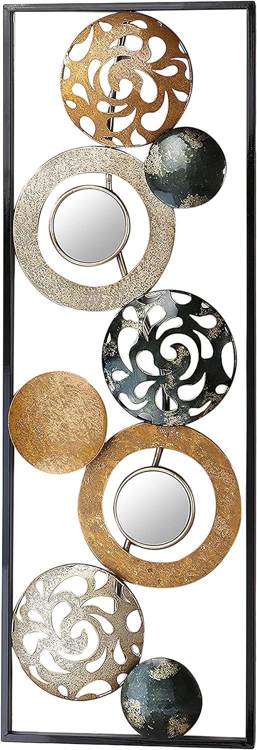 Kobolo Metall-Wandbild Wanddeko Metallbild - mit Ringen, Kreisen und Spiegeln - 90x31 cm
