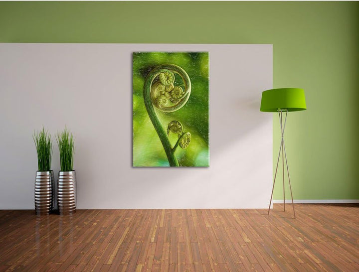 Pixxprint Lockiges Blatt von Einer Farne im Wald Kunst Buntstift Effekt, Format: 100x70 auf Leinwand