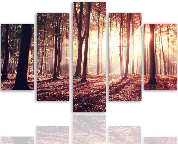 Feeby Leinwandbild 5 Teilig Landschaft Bild Wanddeko Bäume Sonnenuntergang rot 200x100 cm Leinwandbi