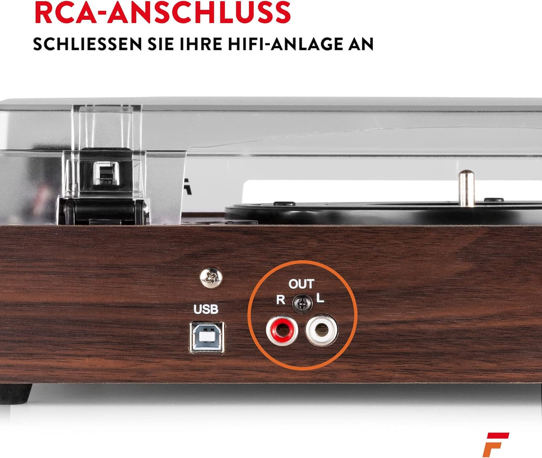 Fenton RP106DW Plattenspieler mit Lautsprecher und USB Anschluss zum Digitalisieren, Line Out, Rieme