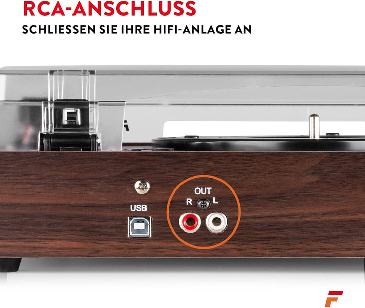 Fenton RP106DW Plattenspieler mit Lautsprecher und USB Anschluss zum Digitalisieren, Line Out, Rieme