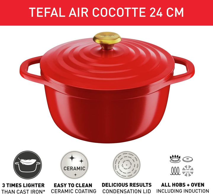 Tefal Luftkochtopf 24 cm, leichter Aluminiumguss Dutch Oven mit Kondensationsdeckel, leicht zu reini