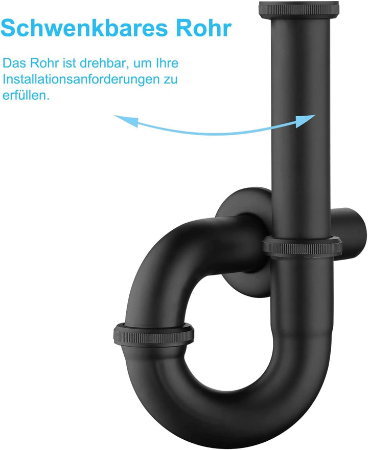 SET - Siphon mit Ablaufgarnitur mit Überlauf für Waschbecken Schwarz Matt - Keymark Universal Röhren
