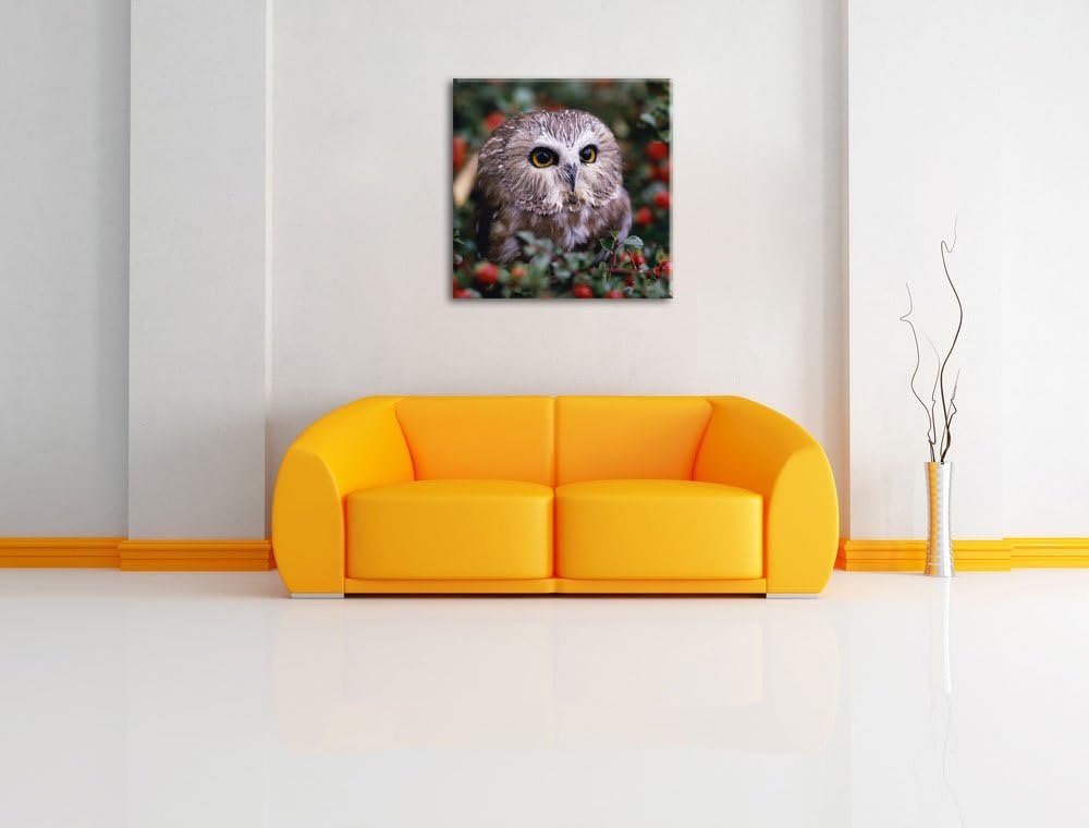 Pixxprint Kleine Eule im Vogelbeerenstrauch, Format: 70x70 auf Leinwand, 70x70