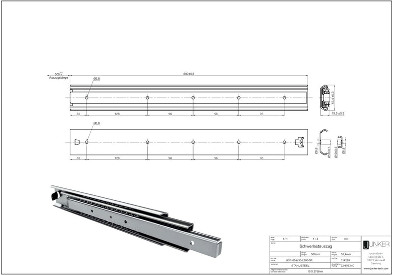 SOTECH 1 Paar Vollauszüge 114300 Höhe 53,4 mm, Länge 500 mm Schubladenschiene mit 105 Kg Tragkraft L