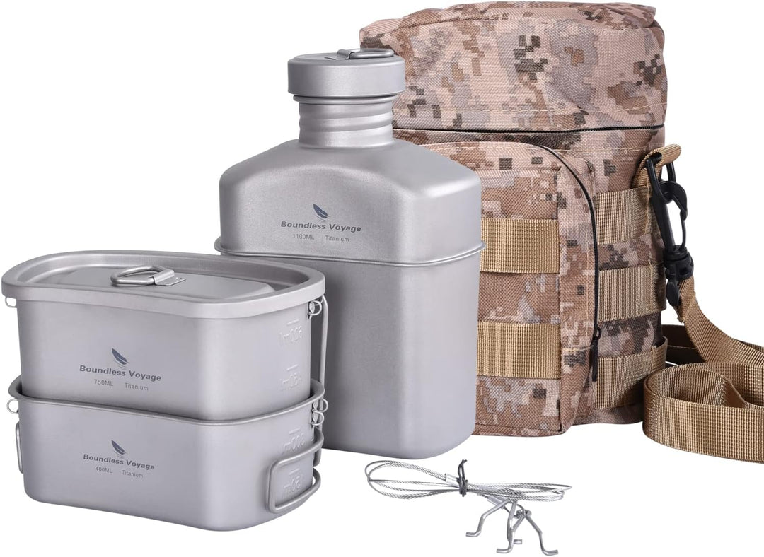iBasingo Titan Militär Wasserflasche Camping Feldflasche 1100ml Trinkflasche 750ml 400ml Becher Kant