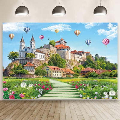 Renaiss 3x2m Schloss Fotografie Kulisse Verträumter Garten Blume Blauer Himmel Heissluftballon Hinte