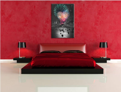 atemberaubendes Feuerwerk über Meer schwarz/weiss Format: 100x70 auf Leinwand, XXL riesige Bilder fe