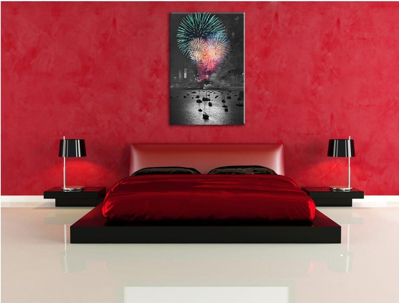 atemberaubendes Feuerwerk über Meer schwarz/weiss Format: 100x70 auf Leinwand, XXL riesige Bilder fe