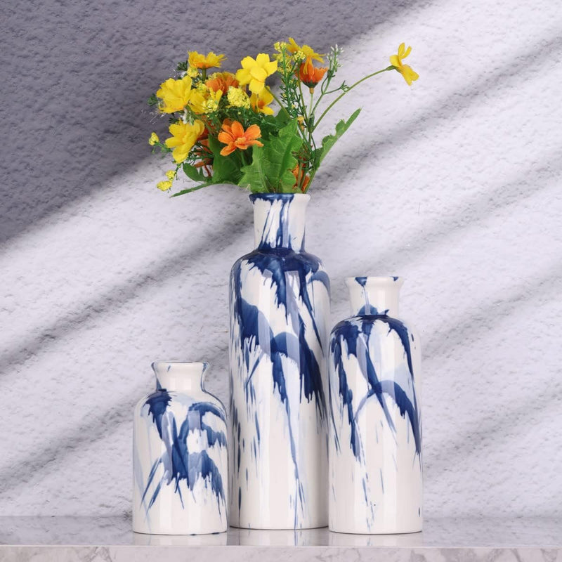 Blaue Keramikvase, 3er-Set – dekorative marineblaue und weisse Vase für Tafelaufsätze, Bauernhaus- u