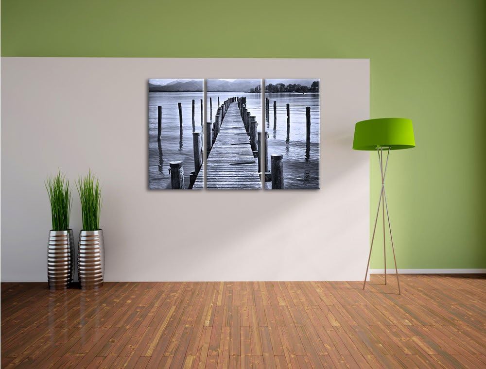 Pixxprint Langer Holzsteg ins Meer als Leinwandbild/Grösse: 3 Teilig (120x80 cm) cm/Wandbild/Kunstdr