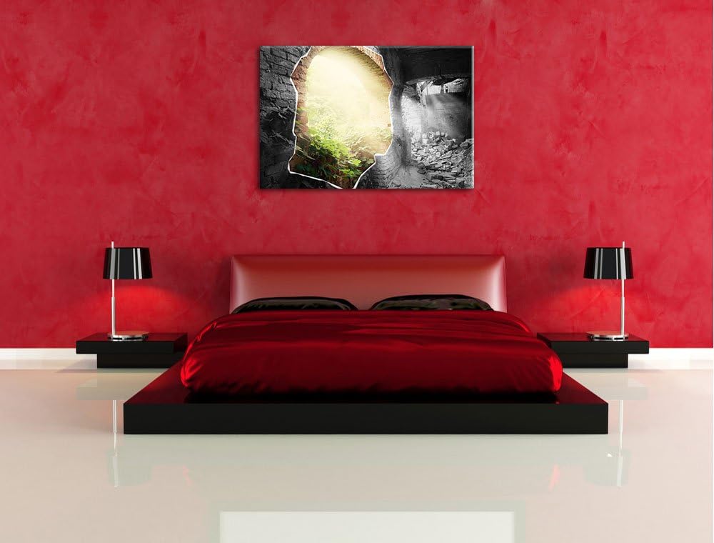 erleuchtete Ruine schwarz/weiss Format: 100x70 auf Leinwand, XXL riesige Bilder fertig gerahmt mit K