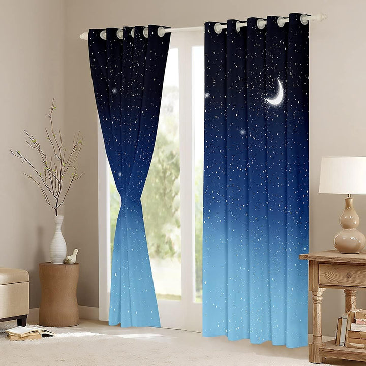 Loussiesd Blaue Galaxie Fenstervorhang 245x140cm Stern Mond Bedrucktes Vorhänge Teenager Kinder Mädc
