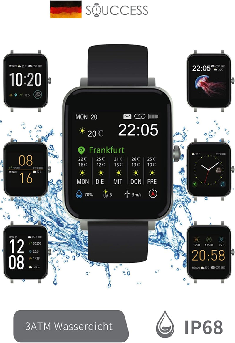 SOUCCESS FITNESSUHR MIT Full Touch Display, SMARTWATCH Always ON Display, FITNESSTRACKER, PULSMESSER