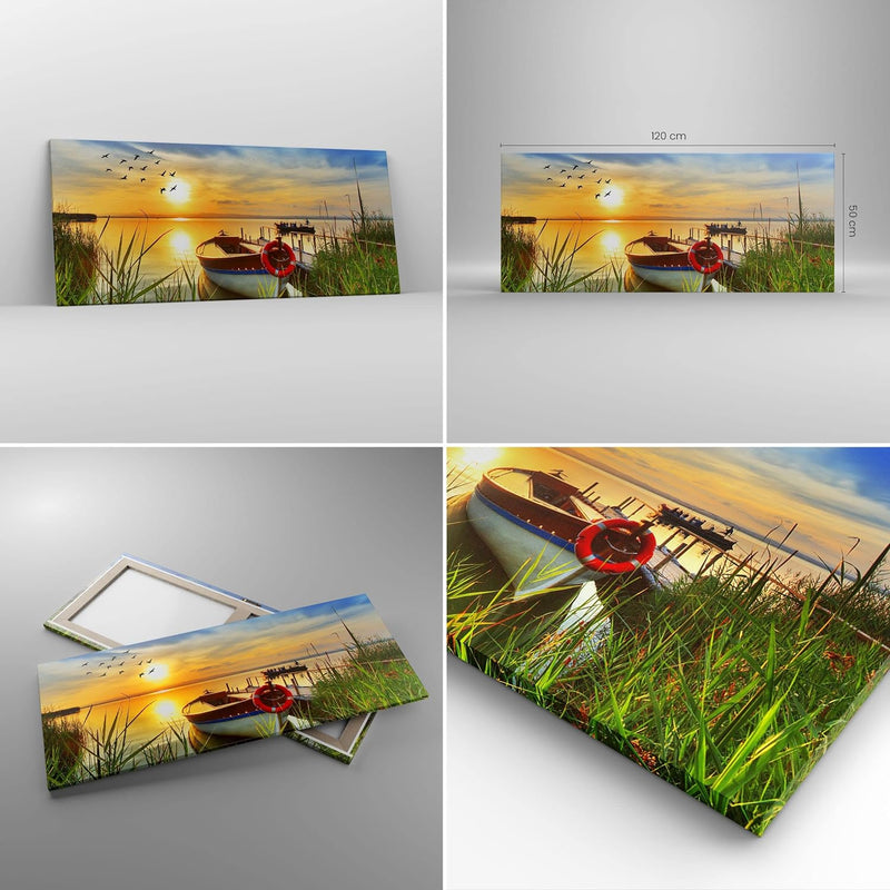 Wandbilder Dekoration Wohnzimmer Boot See Sonnenuntergang Sommer Menschen Bilder auf Leinwand 120x50