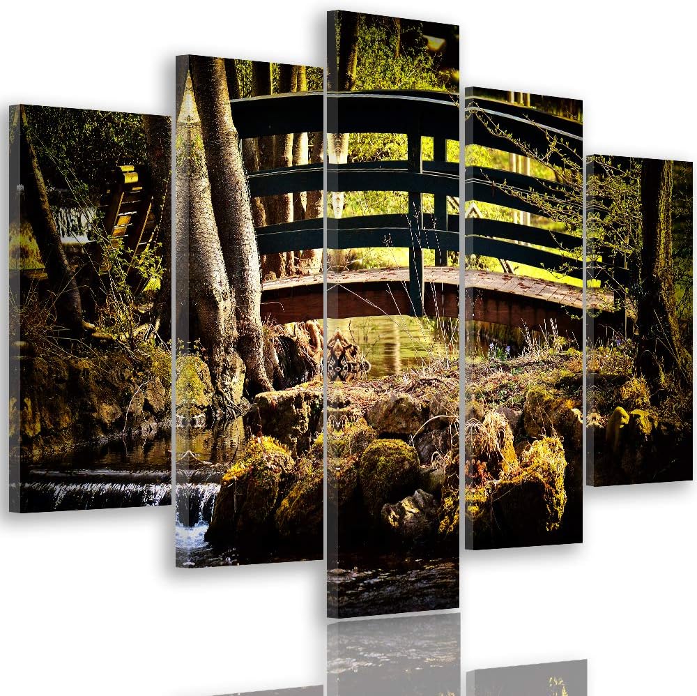 Feeby Leinwandbild 5 Teilig Landschaft Bild Wanddeko Brücke Bächlein Steine gelb 200x100 cm Leinwand