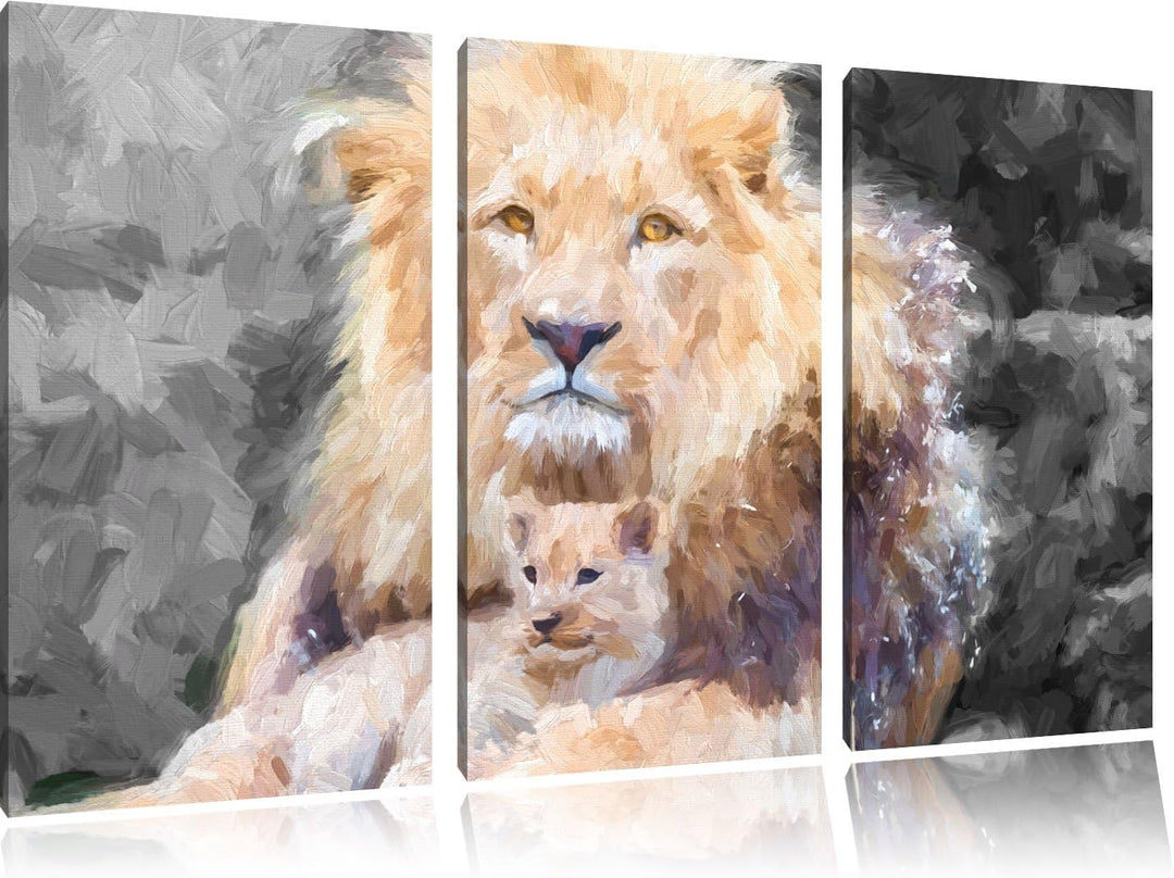 prächtiger Löwe kuschelt mit Jungtier schwarz/weiss Deluxe 3-Teiler Leinwandbild 120x80 Bild auf Lei