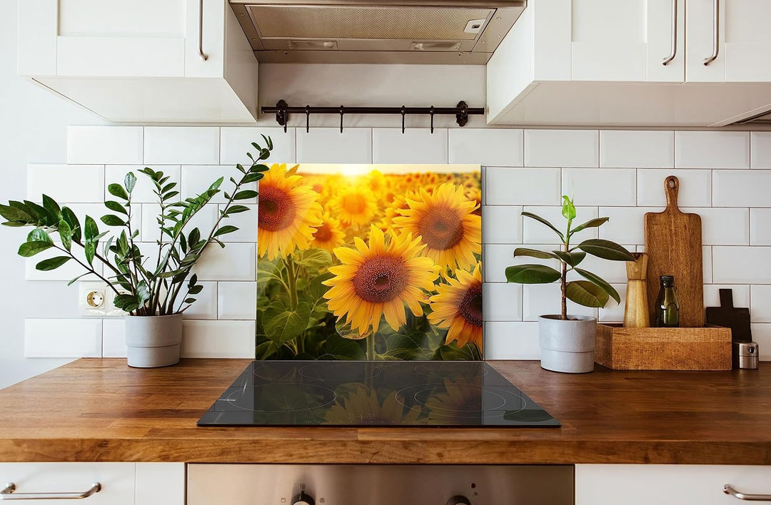 Sonnenblumen auf dem Feld Herdabdeckplatte & Spritzschutz aus Echtglas | Für Herd-Kochfelder | 60x52
