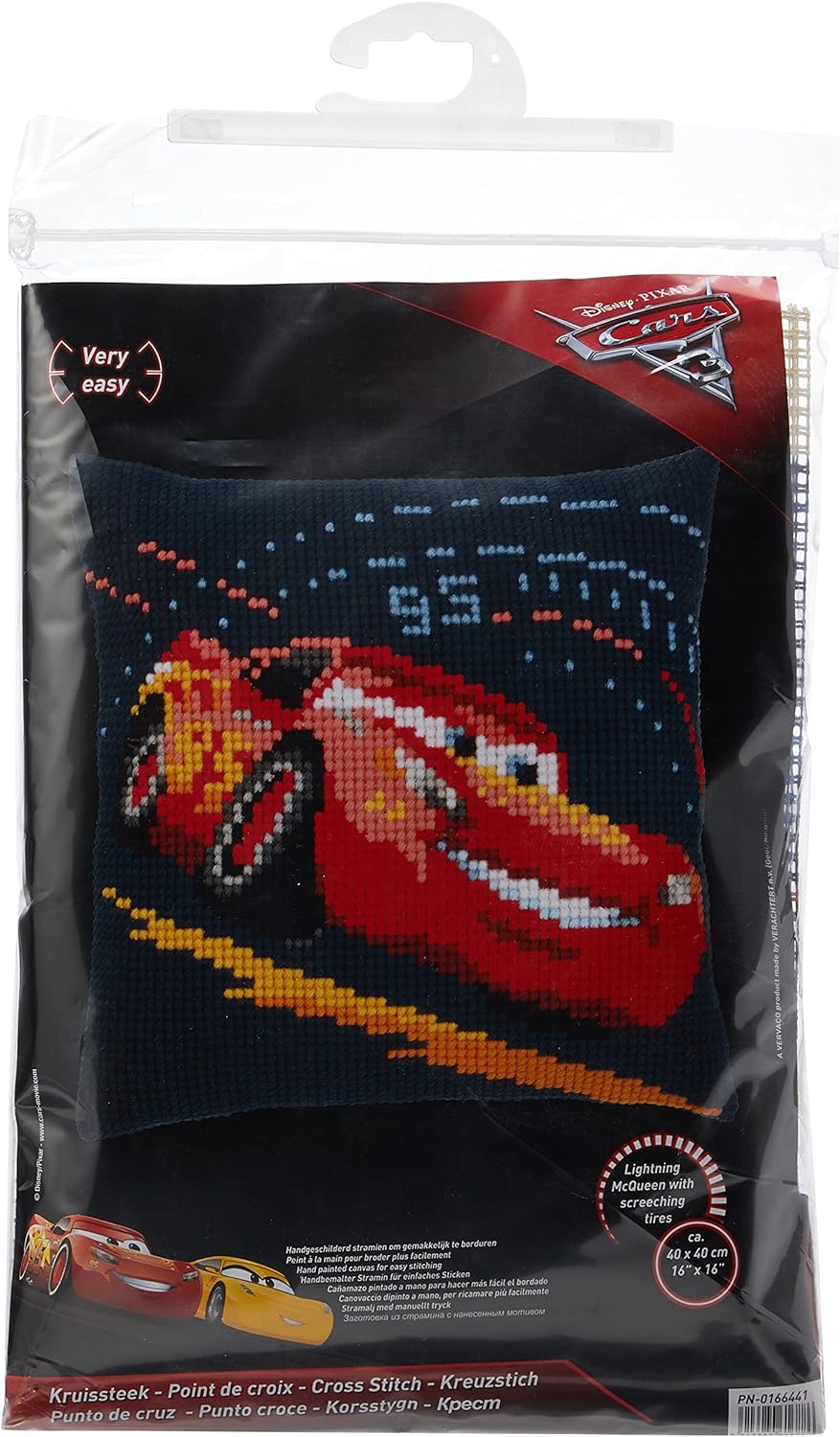 Vervaco WD Kreuzstichkissen Lightning McQueen Kreuzstickpackung vorgedruckt, Stramin, weiss, 40 x 40