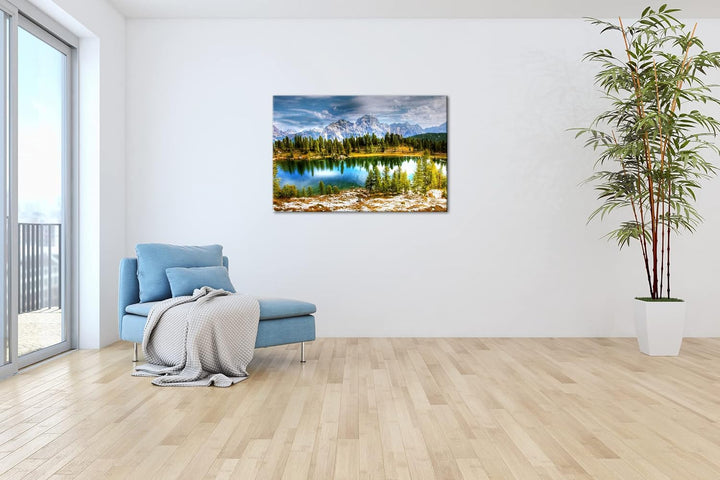 Zauberhafter See in den Bergen Format:90x60 cm als Leinwandbild, Motiv fertig gerahmt auf Echtholzra