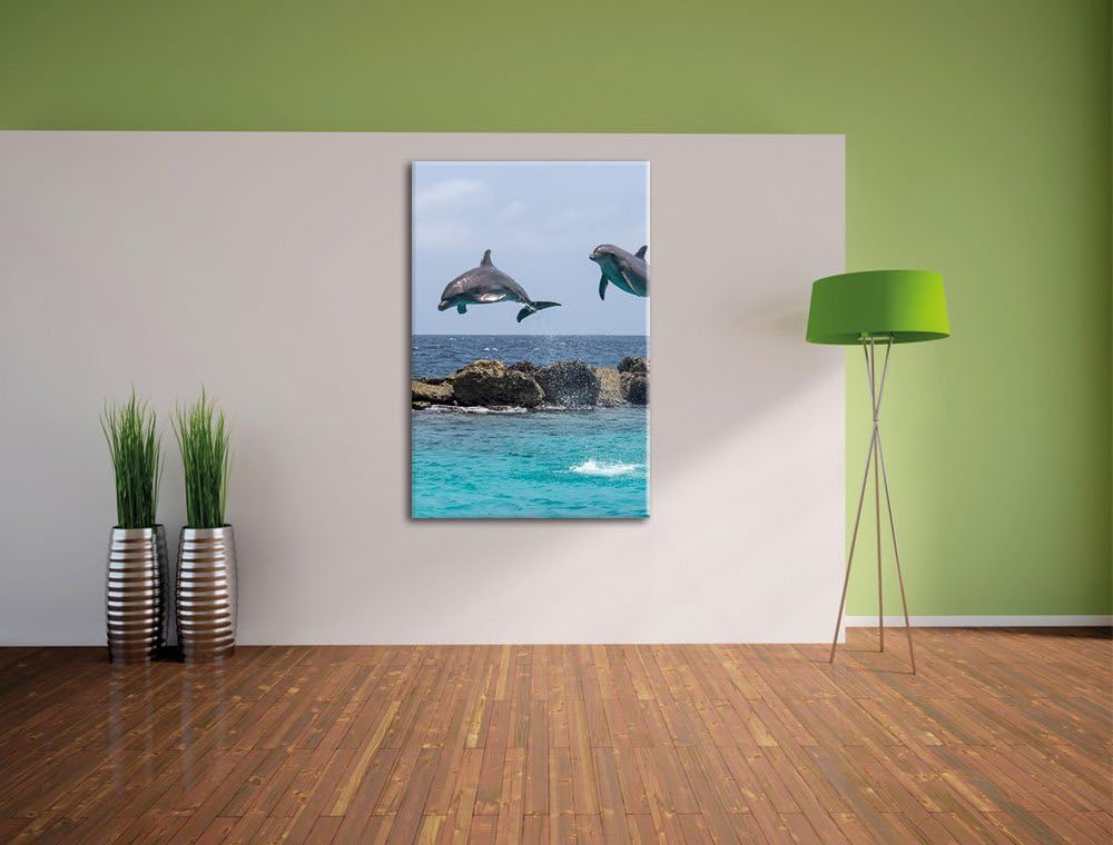 springende Delphine, Format: 100x70 auf Leinwand, XXL riesige Bilder fertig gerahmt mit Keilrahmen,