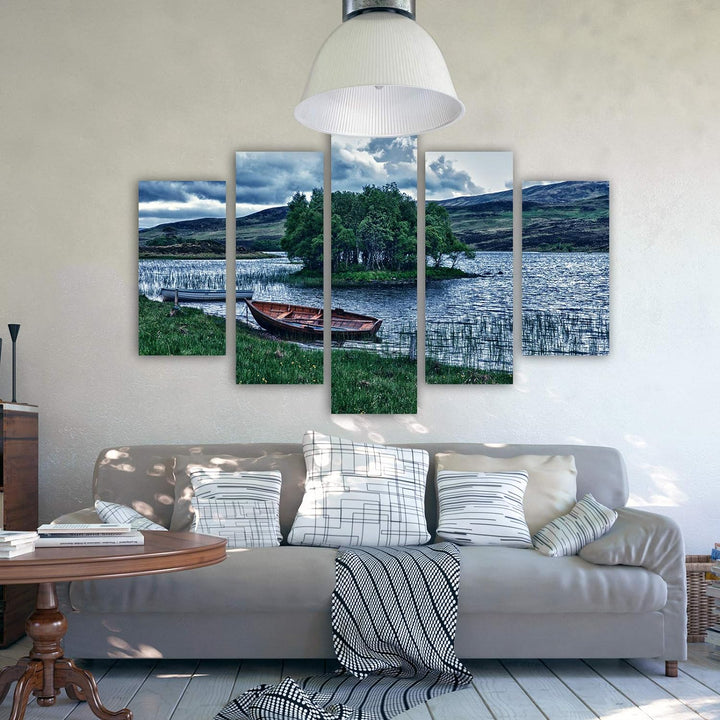 Bilder Fluss 100x70 cm - Leinwandbild - 5 Teilig - Kunstdruck Boot Baum blau Leinwandbild 100x70 cm